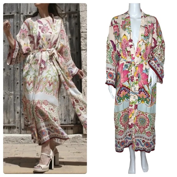 Zara Floral Printed Long Kimono Belted Bohemian Blogger - Picture 1 of 15